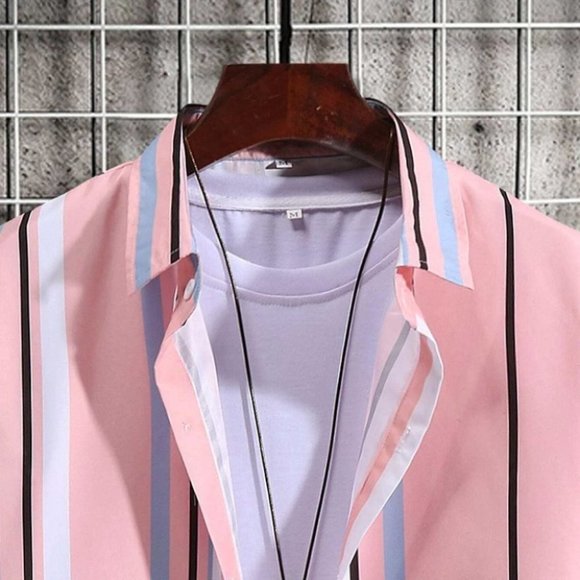 Pink Vacation Style Men's Random Block Striped Shirt - Picture 8 of 8